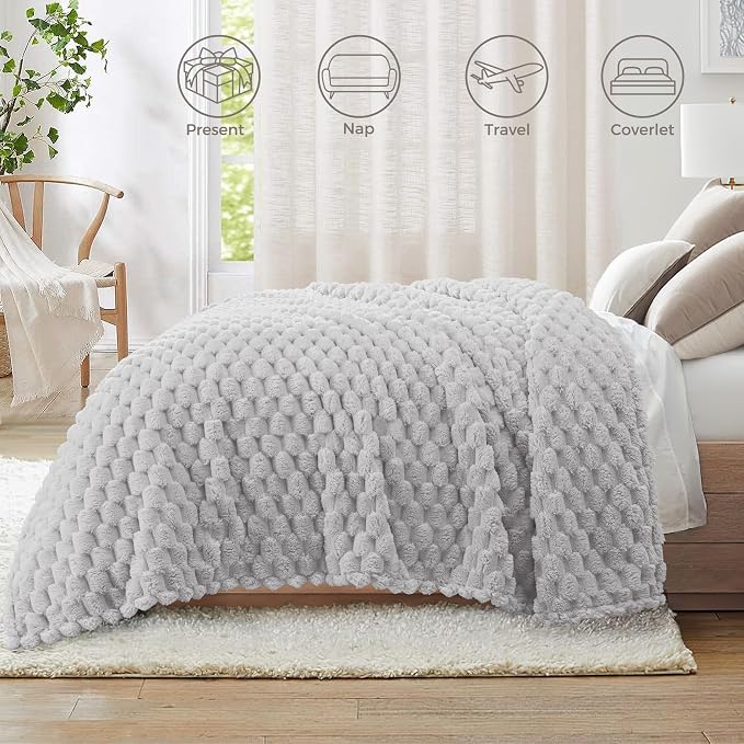 Whale Flotilla Soft Fleece King Size Bed Blanket 3D Jacquard, Light Grey | Lightweight Breathable Coverlet Bedspread for All Seasons, Super Cozy Plush Fluffy Fuzzy Decorative Blanket for Bed, 90"x104"