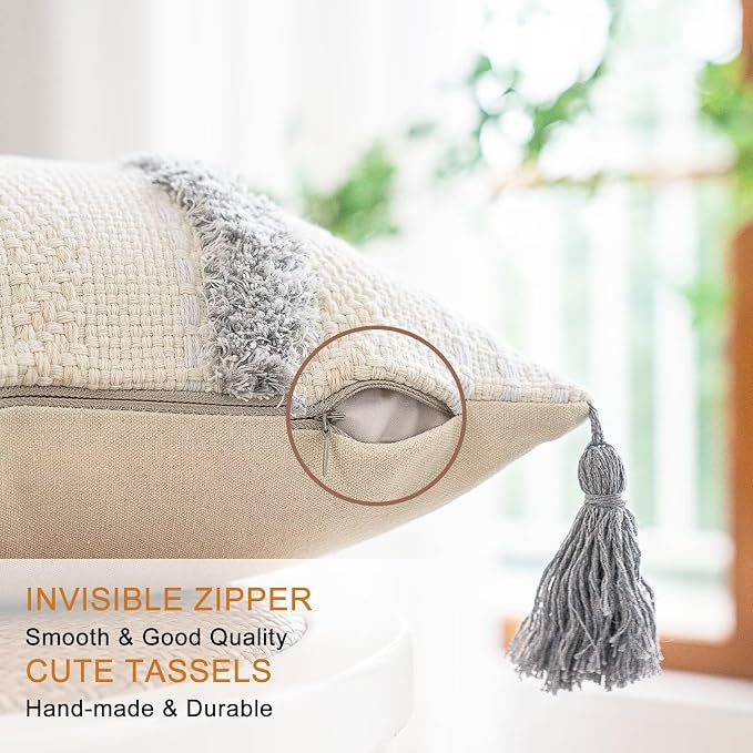 BUIOVBEY Boho Throw Pillow Covers Woven Tufted Pillow Cases with Tassels | Farmhouse Pillow Covers 12x20 Set of 2 Textured Striped Cushion Case Neutral Decorative Pillowcase for Sofa Couch Light Grey