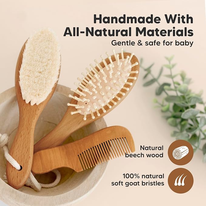 Wooden Baby Hair Brush Set for Newborns, Toddlers -Soft Goat Bristle Baby Brush and Comb Set Newborn Grooming Kit for Cradle Cap Care,Durable & Gentle, Boy,Girl Infant Essentials(Regular, Golden Oak)