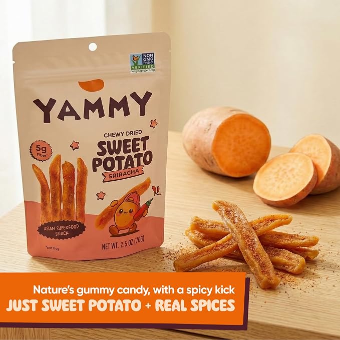 Yammy Chewy Dried Sweet Potato Sticks (Sriracha 18-Pack) - Healthy Asian Snack for Adults & Kids (Japanese, Korean, Chinese Super Food) - No Added Sugar, Vegan, Gluten-Free, 5g Fiber, 2.5oz
