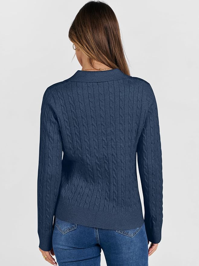 ANRABESS Womens Cable Knit Sweaters Long Sleeve V Neck | Pullover Collared Sweater Tops, Polo Knit Shirts, Business Casual Work, Tennis Golf, Fall Winter Fashion Outfits