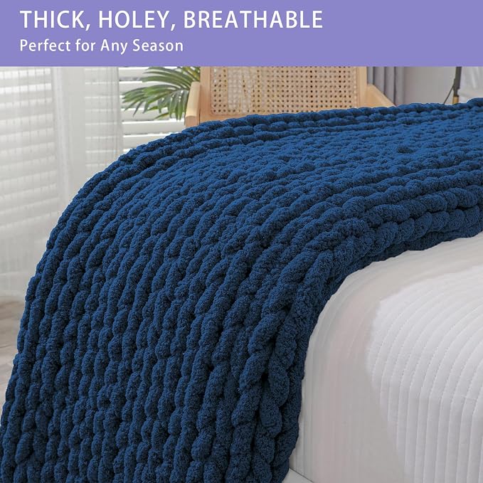 Bigacogo Chunky Knit Throw Blanket for Couch, 40x80 inches, Navy Blue | Hand Knit with Jumbo Chenille, Soft Breathable Cable Knit for Sofa Bed Living Room, Machine Washable, Gift for Mom Friend
