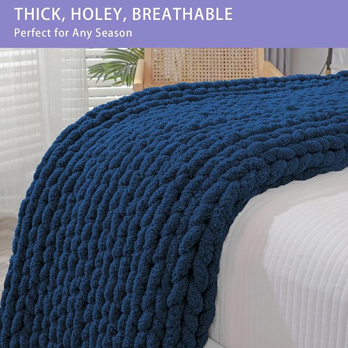 Bigacogo Chunky Knit Throw Blanket for Couch, 80x90 inches, Navy Blue | Hand Knit with Jumbo Chenille, Soft Breathable Cable Knit for Sofa Bed Living Room, Machine Washable, Gift for Mom Friend