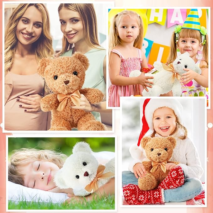 HyDren 5 Pcs Bears Stuffed Animal Soft Plush Toys Valentine 12 Inches Cute Small Shaggy Bear with Hoodie Bow Tie for Kids Boys Girls Baby Shower Birthday Party(Bow Tie Style,Light Brown, White)