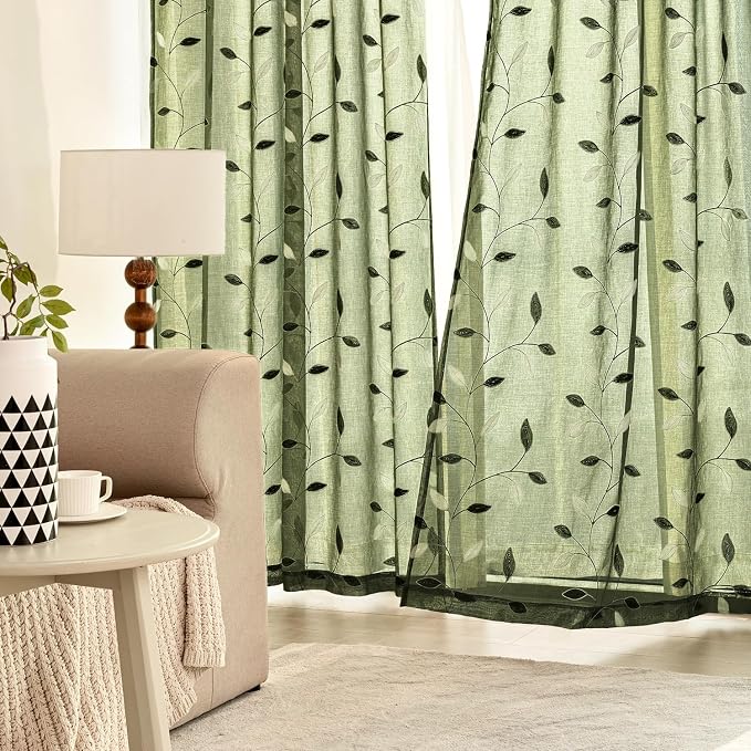 MIULEE Olive Green Sheer Curtains 2 Panels Embroidered Leaf Patterned Rod Pocket Floral Semi Faux Linen Window Curtains Drapes Set for Living Room Bedroom Dining Room, 52x63 Inches Long