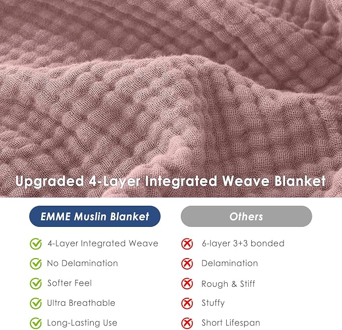 EMME Muslin Blankets for Adults Throw Blanket for Couch Breathable Gauze Soft Lightweight Airy Dusty Pink Queen 90" x 90"