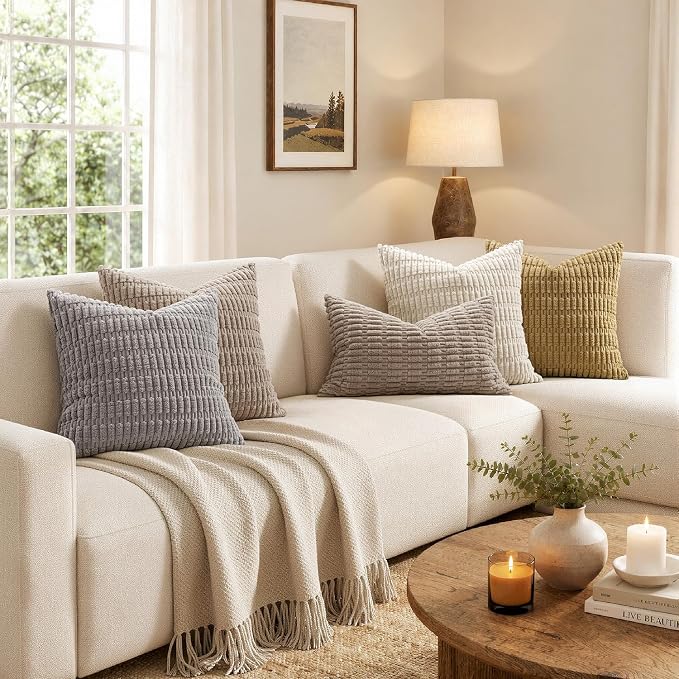 MIULEE Lumbar Corduroy Decorative Throw Pillow Covers 22x14 Light Brown | Pack of 2 Soft Boho Striped Pillow Covers Modern Farmhouse Fall Home Decor For Sofa Living Room Couch Bed