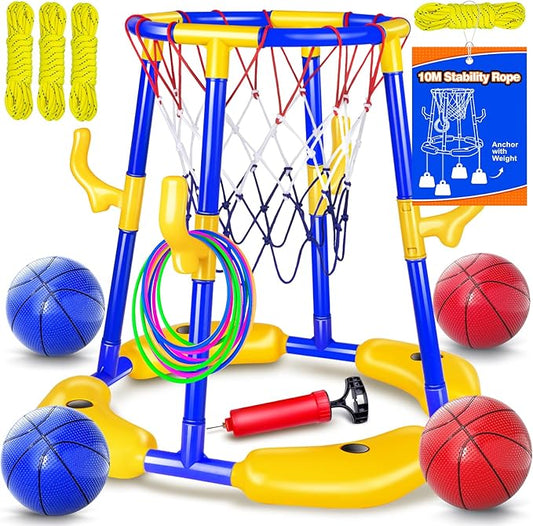Pool Basketball Hoop Floating with Anti-Tip & Anti-Drift Design, Basketball & Ring Toss Pool Toys for Kids Ages 4-8, 8-12, Summer Outdoor Water Toys Pool Games for Adults and Family