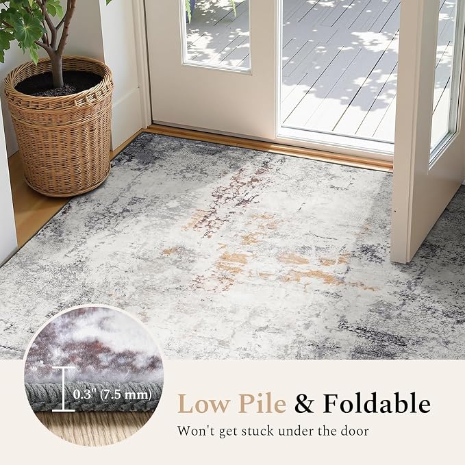 Rugflix 8x10 Area Rugs for Living Room, Washable Beige Grey Large Rug | Machine Washable; Stain-Resistant; Low Pile; Non-Slip; Modern Abstract; Carpet for Bedroom Dining Office Nursery Home