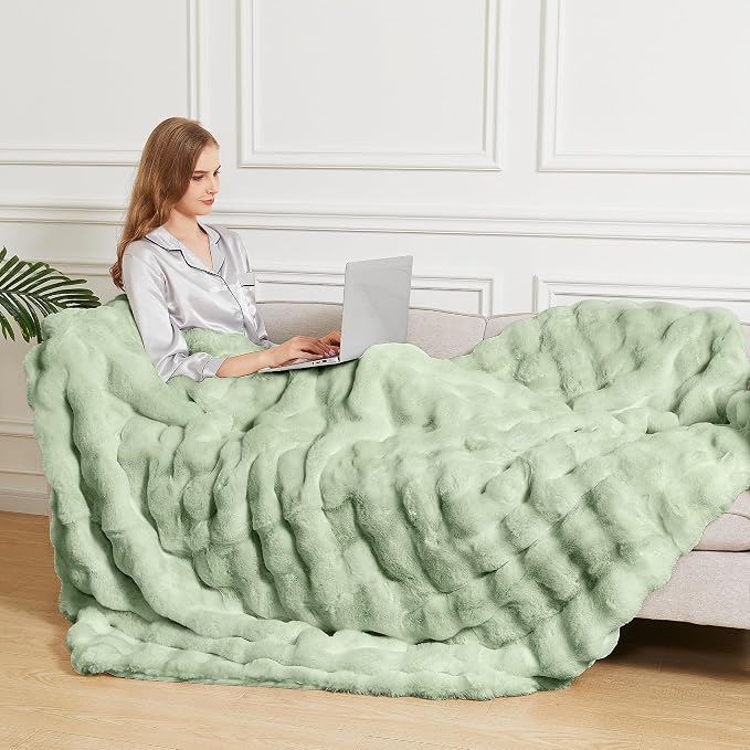 ORINOVA Sage Green Twin Size Blanket for Bed, 60x80 Ultra Soft Faux Rabbit Fur, Fuzzy Fluffy Plush Bubble Texture, Cozy Warm Reversible Throw for Couch, Bedroom Dorm Decor, Gifts for Women