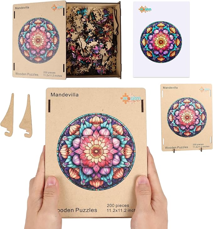 MEATRN Mandala Flowers Wooden Puzzles for Adults - 200 Pcs, 11.2x11.2 in, Fun Educational Wood Jigsaw Puzzle, Relaxing Wood Puzzle Game for Family & Friends Birthday Gift