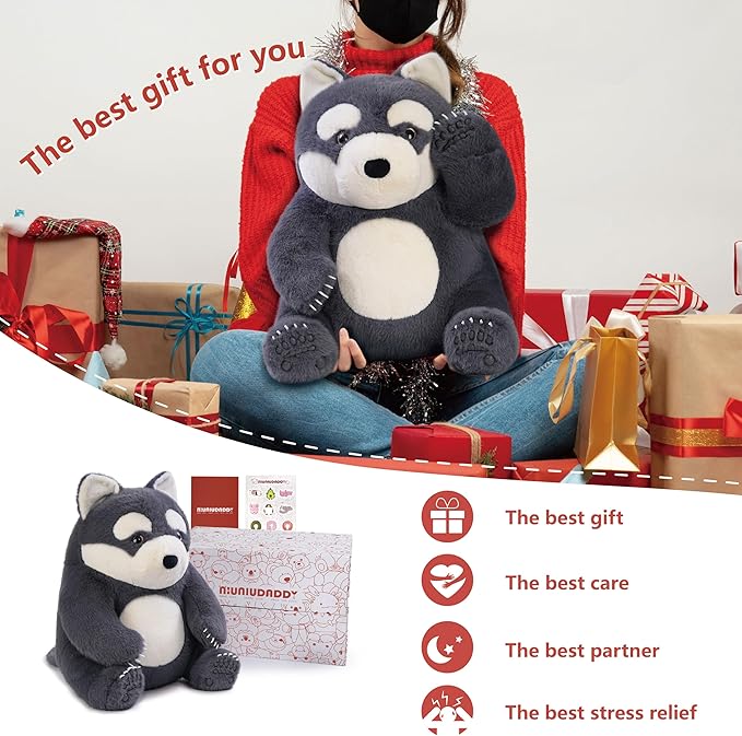 Niuniu Daddy 14" | 3.5 Pound Wolf Weighted Stuffed Animals, Giant Husky Pillowfort Lap Plush Toys for Kids Adults Baby, Large Cute Dog Puppy Body Pillow for Gift Present Birthday Christmas Holiday