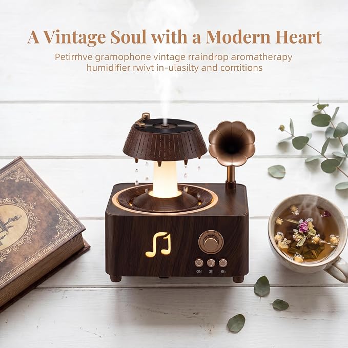Vintage Record Player Essential Oil Diffuser 250mL Aromatherapy Diffuser with LED Light & Fragrance Diffusion, Quiet Humidifier for Home Bedroom Office Yoga, Retro Decor Air Freshener Machine