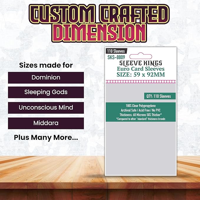 Sleeve Kings Standard Card Sleeves – 110 Count, Clear 60 Micron Thickness, Medium Euro Size (59 x 92 mm), Compatible with Dominion & More – SKU: SKS-8809