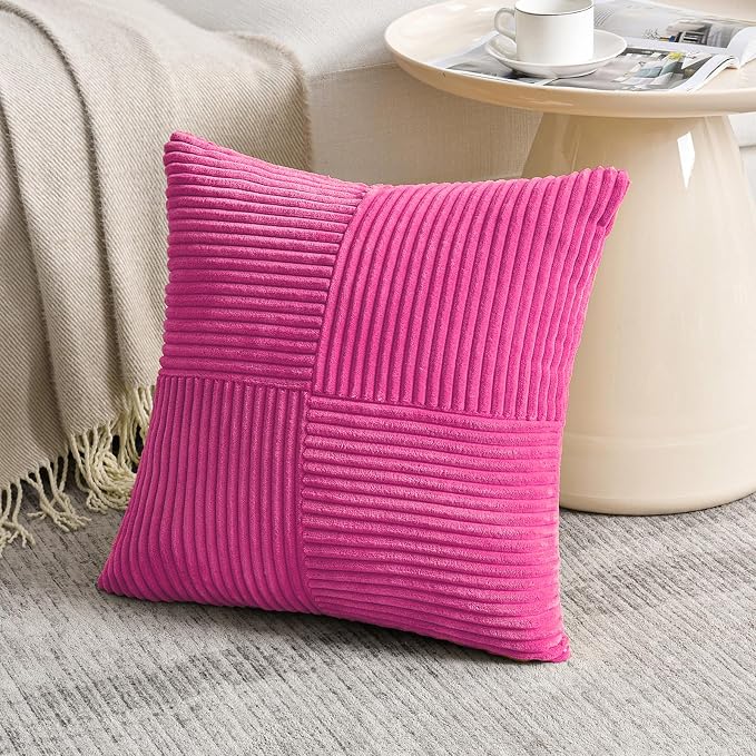 Fancy Homi 2 Packs Hot Pink Samll Decorative Throw Pillow Covers 14x14 Inch with for Couch Bed Sofa, Rustic Farmhouse Boho Home Decor, Soft Corss Patchwork Corduroy Square Cushion Case 35x35 cm