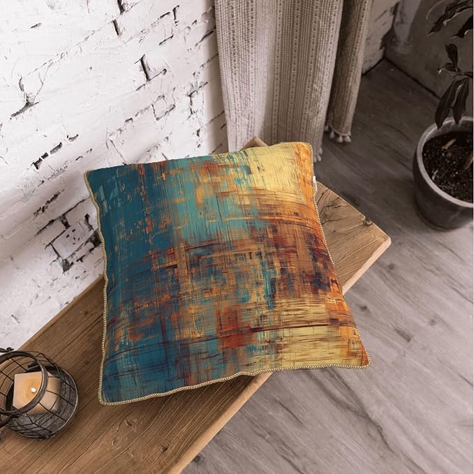 Vintage Abstract Teal Orange Velvet Pillow Covers 18x18 InchMessy Blue Rust Throw Pillows for Couch Cushion Covers Pillowcase Retro Colorful Art Pillow Cases for Sofa Bed Living Room
