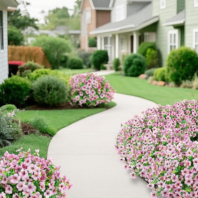 Ouddy Decor 12 Pcs Artificial Flowers for Outdoors Decorations, Pink | Lifelike silk flowers, UV resistant, faux plastic plants, for garden porch window table vase home indoor outdoor decor