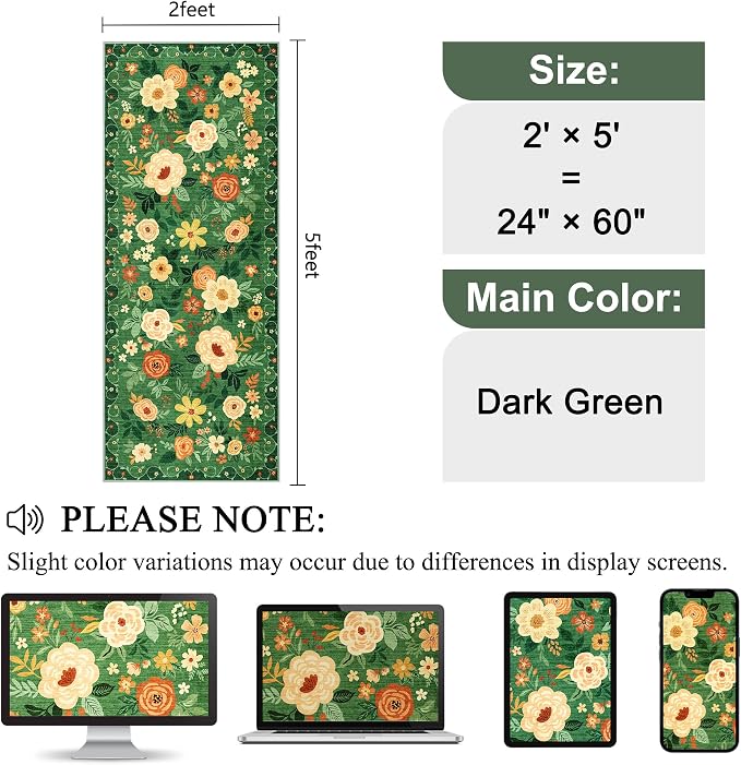 DUKINO 2x5 Runner Rug, Floral Washable Rug for Kitchen Non Slip, Dark Green | Low Pile, Soft, Stain Resistant Indoor Rug Runner for Entryway, Hallway, Bedroom, Bathroom, Laundry, Pet Friendly, Home Decor