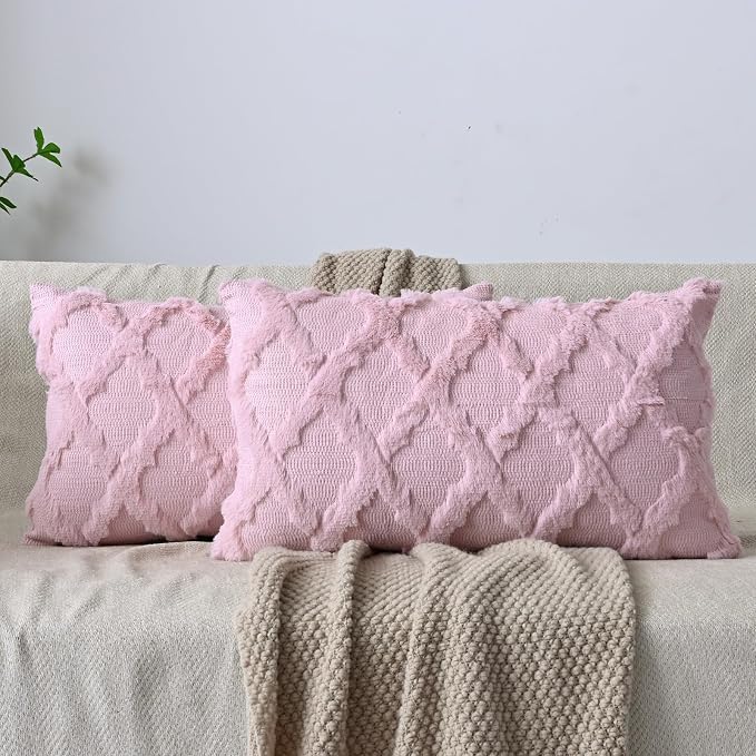 Set of 2 Soft Moroccan Throw Pillow Covers 12x20 Inch Plush Boho Decorative Pillow Cover Accent Cushion Case for Couch Sofa Bed, Light Pink