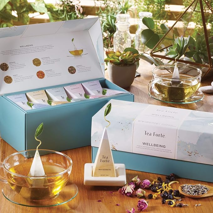 Tea Forte Premium Presentation Box Gift Set Sampler, 20 Count, Assorted Blends Individually Wrapped Handcrafted Pyramid Infuser Bags, Wellbeing Tea