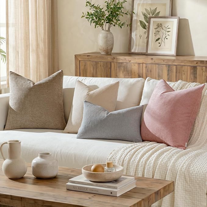 a moment Pack of 2 Decorative Chenille Throw Pillow Covers with Twill Cushion Covers for Sofa Living Room Couch Bed 18x18 Inch Blush Pink
