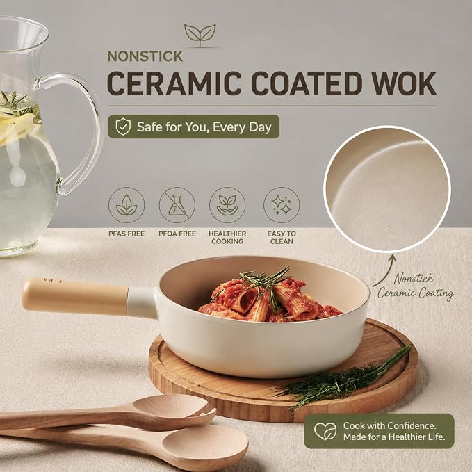FIKA Small 7 Inch Deep Ceramic Coated Wok Pan, Nonstick Stir Fry & Soup Pan with Natural Wooden Handle, Induction Compatible for All Stovetops, Made in Korea (18cm)