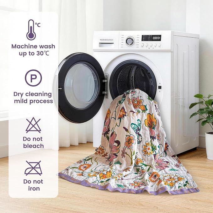 MSGKV Boho Throw Blanket 90"x108" 100% Cotton Floral Blanket for Bed | Super Soft Muslin, Everyday Comfort, Lightweight, Farmhouse Decor, King Size, All Seasons, Machine Washable, Cozy Comfort