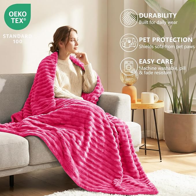 HIMEET Hot Pink Queen Blanket for Bed, 300GSM Ribbed Fleece, 90 x 90 in | Ultra Soft Flannel, All-Season Lightweight Warmth, Cozy Bed Coverage & Bedroom Decor, Gift for Men & Women, Machine Washable