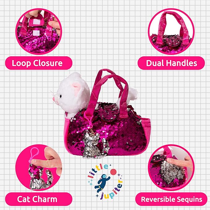 Little Jupiter Plush Pet Set with Purse - Stuffed Cat Plush Pet Carrier Set w/Reversible Sequins & Charm - (White Cat)