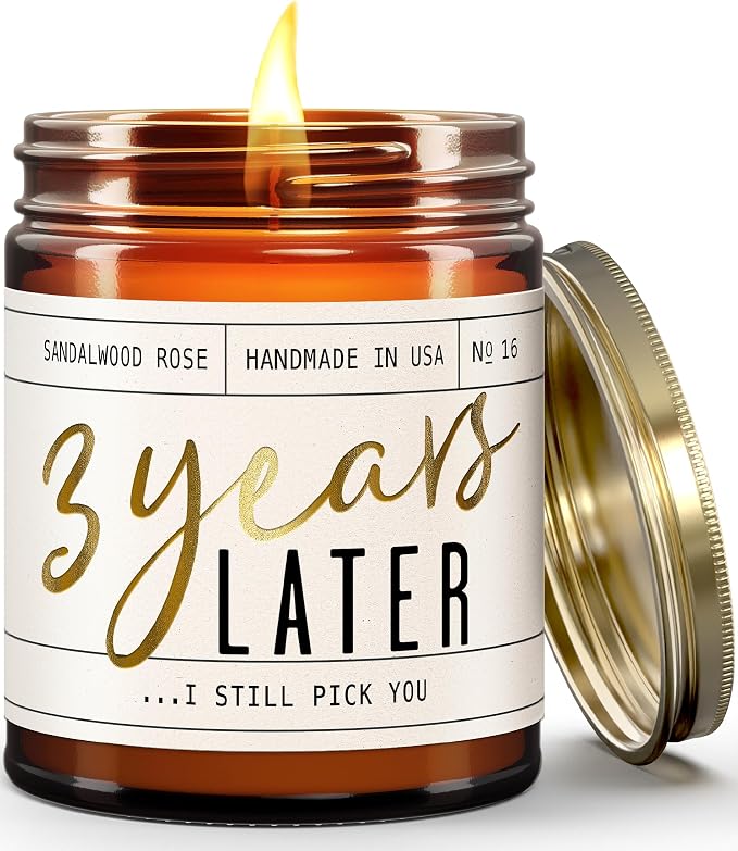 3 Year Anniversary Gift for Her - '3 Year Later' Candle, w/Sandalwood Rose - infused w/Essential Oils I 3rd Anniversary Gifts for Wife I 3 Year Wedding Anniversary Gifts I 50Hr Burn I USA Made