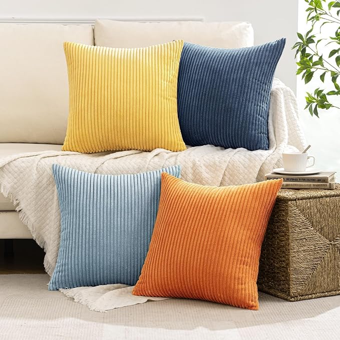 MIULEE Soft Corduroy Decorative Throw Pillow Covers Blue-Orange 20x20 | Set of 4, Mordern Nordic Coastal Decor, Summer Sky Wheat Set, Boho Farmhouse Cushion Covers for Couch Bed Sofa Living Room