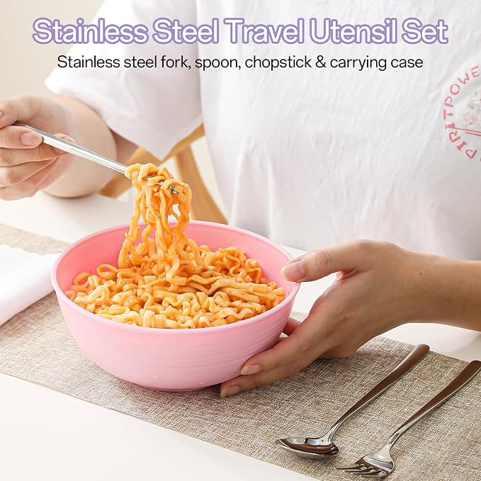 MEACOLIA Large Ramen Bowl Set, Microwave Noodle Pasta Cooker with Lid and Strainer, with Stainless Steel Chopsticks, Spoon, Fork, College Dorm Room Essentials for Girls for Boys (Pink)