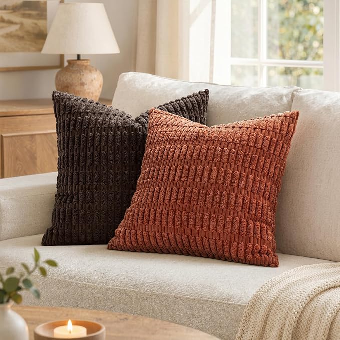 MIULEE Fall Corduroy Decorative Throw Pillow Covers 18x18 Rust Pack of 2 | Terracotta Soft Boho Striped Pillow Covers Modern Farmhouse Autumn Home Decor For Sofa Living Room Couch Bed