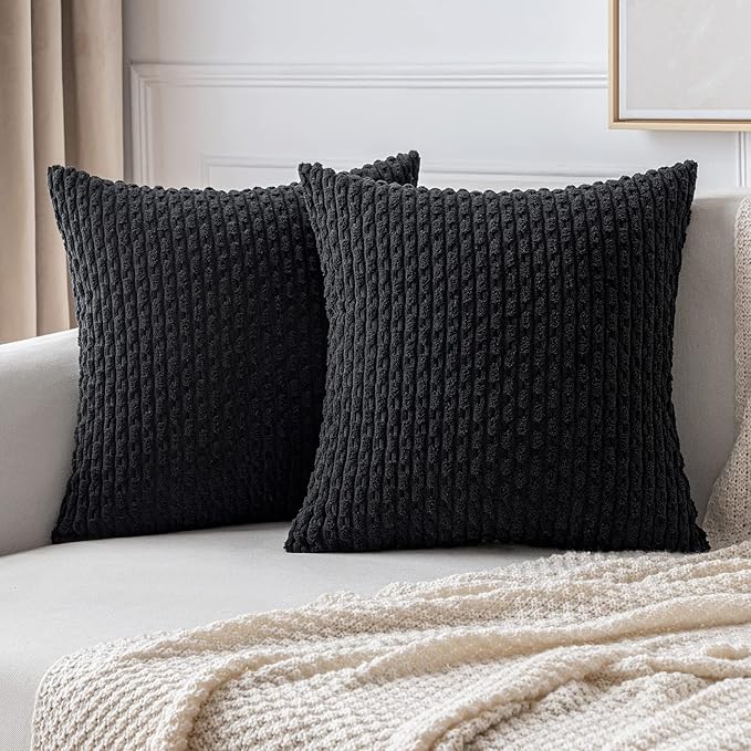 MIULEE Decorative Throw Pillow Covers 18x18 Black Textured Corduroy | Pack of 2 Striped Pillow Covers Modern Farmhouse Home Decor for Couch Bed Sofa Living Room