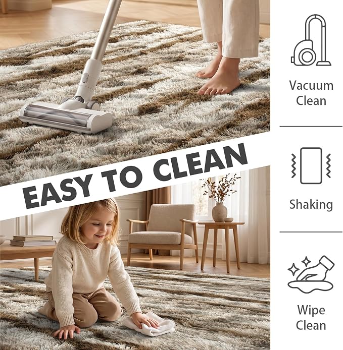 8x10 Ft Extra Large Shag Rugs for Living Room, Tie Dyed Ultra Soft Fluffy Furry Area Rugs for Bedroom Indoor Floor, Aesthetic Carpet for Kids Home Decor (Khaki)