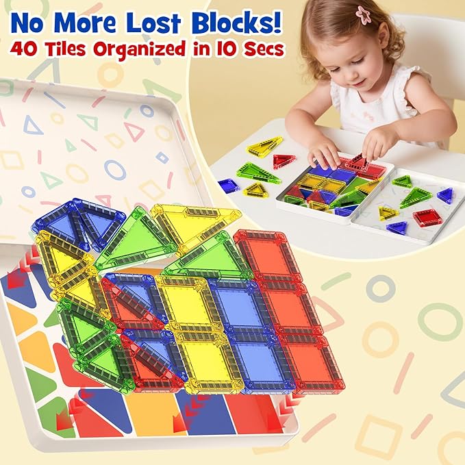 Portable Magnetic Tiles for Kids Travel - 40pcs STEM Building Blocks with Visual Storage Guide & Metal Box Play Base, Toddler Airplane Activities Toys for Ages 3-5,4-8, Compact Travel Toys