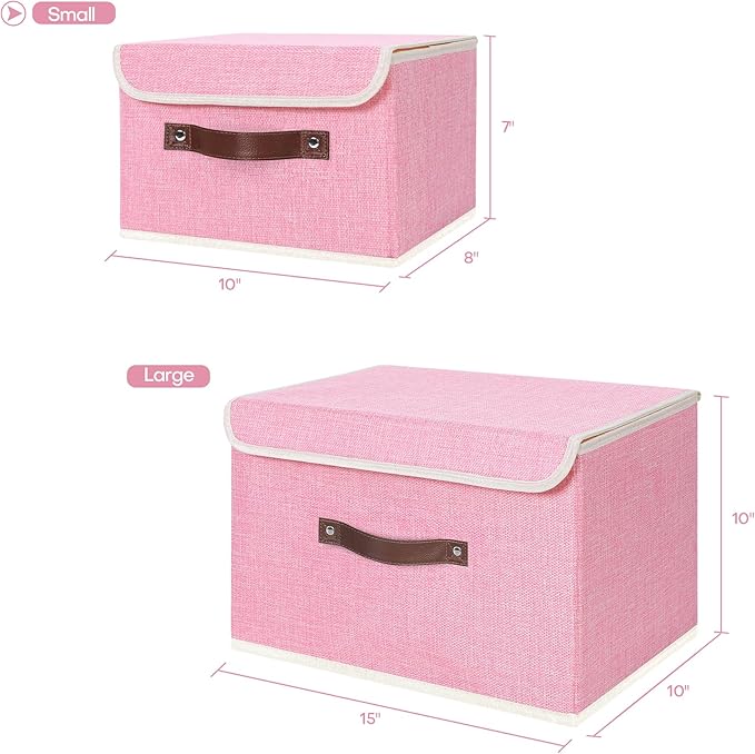 ANMINY Fabric Storage Box Bins with Lids, Pink, 10"x8"x7" | Keepsake Memory Storage, Cotton Linen, PP Board Reinforced, Washable, PU Handles, Foldable & Stackable, Decorative, Small