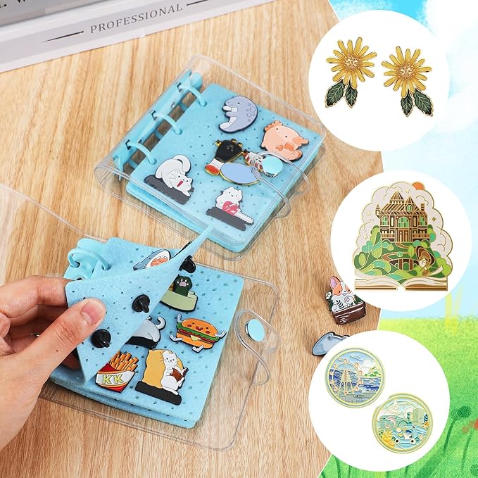 8 Pcs Mini Enamel Pin Display Book Gift Clear Collection Travel Trading Binder Holder Badge Book Storage Organizer up to 36 1-inch Enamel Pins for Travel Collectors (Blue,4.61x3.94 in)