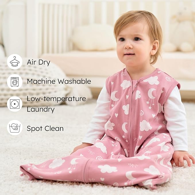 Baby Sleep Sack 12-18 months, 100% Cotton Sleeping Sack for Toddler, 3 Pack Baby Wearable Blanket, 0.5 Tog Lightweight Double Zipper Sleep Bag Large Pink Stars Moon