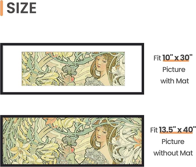 upsimples 13.5x40 Picture Frame, Display Pictures 10x30 with Mat or 13.5 x 40 Without, Wall Hanging Panoramic Frames, Black, 1 Pack