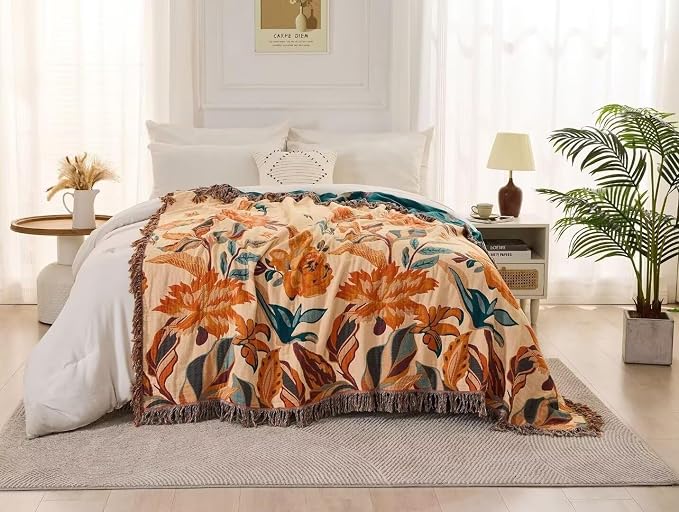 Boho Throw Blanket for Bed 100% Cotton Bohemian Blankets Ultra Soft Woven Muslin Decorative Blankets All Seasons Vintage Quilt Knitted Blanket for Sofa Chair(Orange, 80"x90")