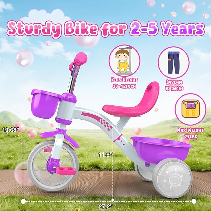 Toddler Tricycle for 1-3 3-5 Year Olds, 2 3 4 5 Year Old Girl Birthday Gifts, Toddler Baby Bike, Outdoor Riding Toys for Ages 2-4, 4-Level Adjustable Seat, 3 Color Light Wheels, 2 Baskets