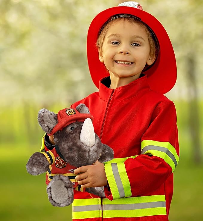 DolliBu Firefighter Dress Up with Holes in Helmet Set for Teddy Bear Plush Toy - Firefighter Hat and Stuffed Animal Clothes Set, Teddy Bear Costume Set with Fireman Helmet, Jacket and Pants - Small