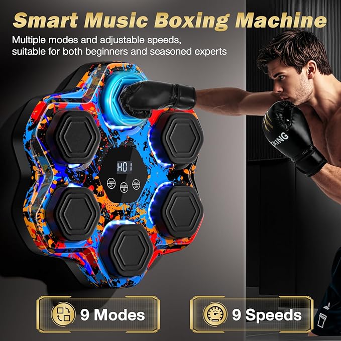 Music Boxing Machine, Interactive Punching Trainer with Boxing Gloves, Large Size Wall Mounted Electronic Boxing Target for Adult Kids, 9 Modes & 9 Speeds