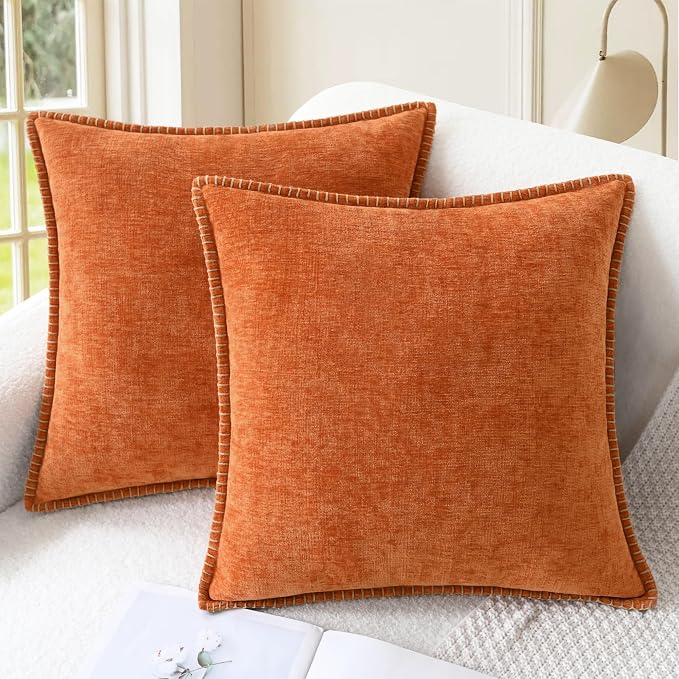 CaliTime Fall Decorative Throw Pillow Covers 22 X 22 Inches Burnt Orange | Pack of 2, Cozy Chenille Cushion Cases, Cotton Thread Stitching Edges, for Couch Sofa Bed Living Room Farmhouse