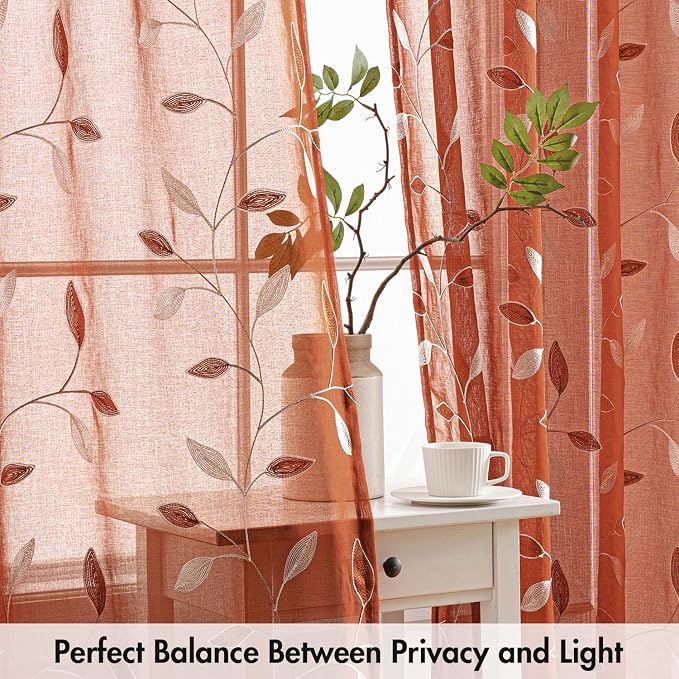 MIULEE Terracotta Sheer Curtains 2 Panels Embroidered Leaf Patterned burnt Orange Rod Pocket Floral Semi Faux Linen Fall Window Curtains Drapes Set for Living Room Bedroom Dining Room, 52x63 Inch Long
