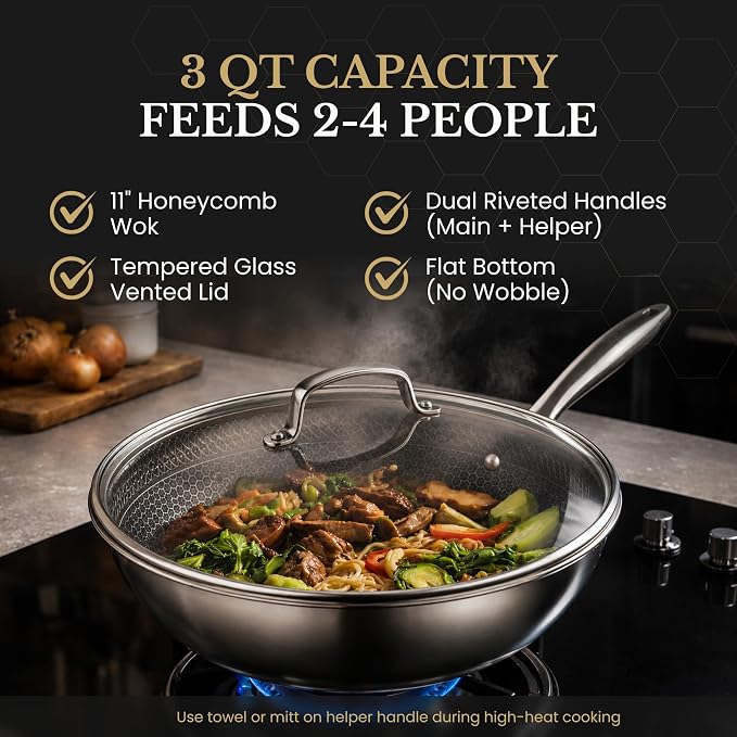 MUGAA® 11" Honeycomb Stainless Steel Wok with Lid, Nonstick, Induction Safe | Heavy-Duty Stir Fry Pan, Induction Compatible & Even Heat Distribution, PFOA-Free Non Toxic Cookware, Oven & Dishwasher Safe