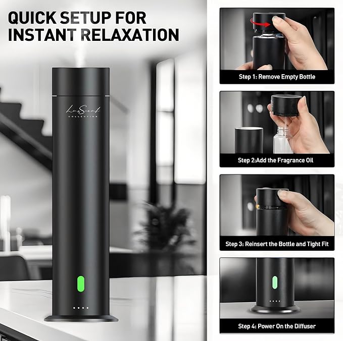 Wireless Aroma Diffuser Scent Oil - Home Luxury Portable Scent Diffuser - Remote Control Waterless Diffuser - 1000 sq. ft Coverage - Essential Oil 20ml Sample Pack Included - Aromatherapy (Black)