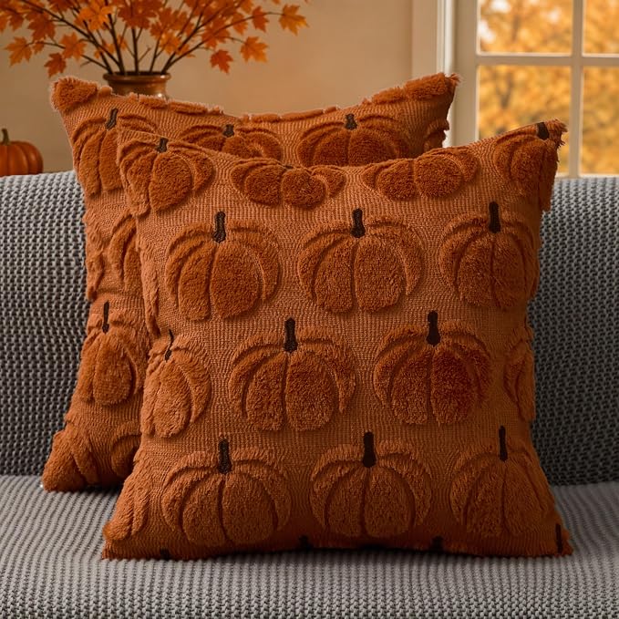 DFXSZ Fall Pillow Covers 20x20 2Pcs Rust Brown Pumpkin Fall Decorations | Fall decor Set of 2 Throw Pillow Cases Soft Plush Faux Fur Wool Couch Cushion for Chair Sofa Bedroom Living Room Home Decor