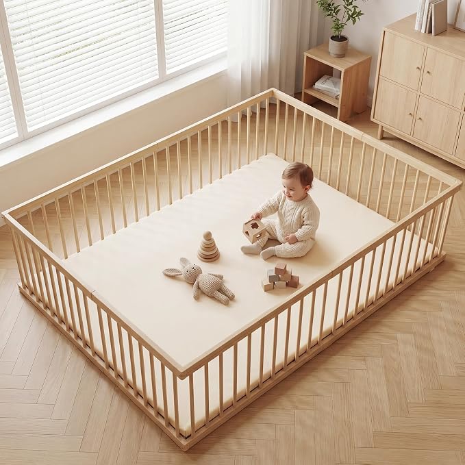 Huloo Sleep Baby Play Mat 65x50 Inches, 1.3" Thick Padded Waterproof Floor Cushion & Playpen Mat with Vegan Leather, Non-Slip & Non-Toxic Nursery Rug for Infants, Toddlers & Kids(Beige)